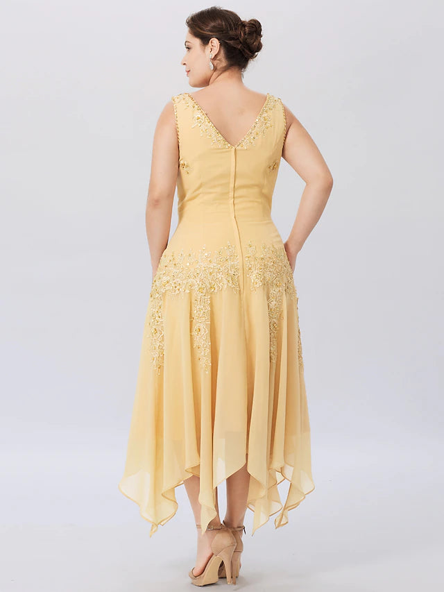 A-Linien-Kleid für die Mutter der Braut, formell, Übergröße, elegant, hoher und niedriger V-Ausschnitt, asymmetrisch, Chiffon, mit Perlen besetzte Spitze, lange Ärmel, Wickelkleid mit Perlenapplikationen